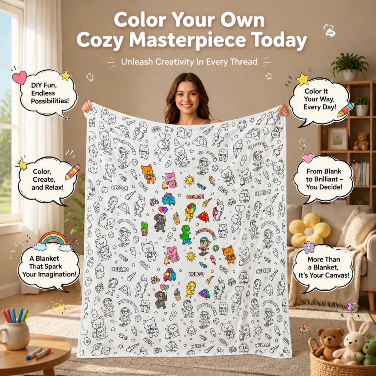 DIY Coloring Blanket Cute Animal Pattern Washable Fleece Throw Color Your Own Creative Stress Relief Gift for Adults Kids Teens