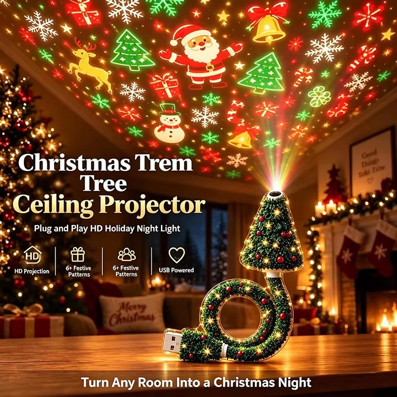 Indoor Christmas Tree Projector HD USB Plug & Play 6 Festive Scenes Holiday Projector Light Home Wall Xmas Party Decoration