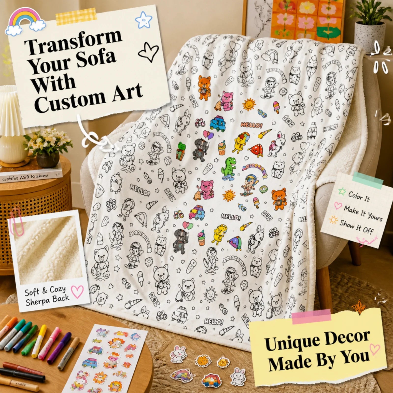 DIY Coloring Blanket Cute Animal Pattern Washable Fleece Throw Color Your Own Creative Stress Relief Gift for Adults Kids Teens