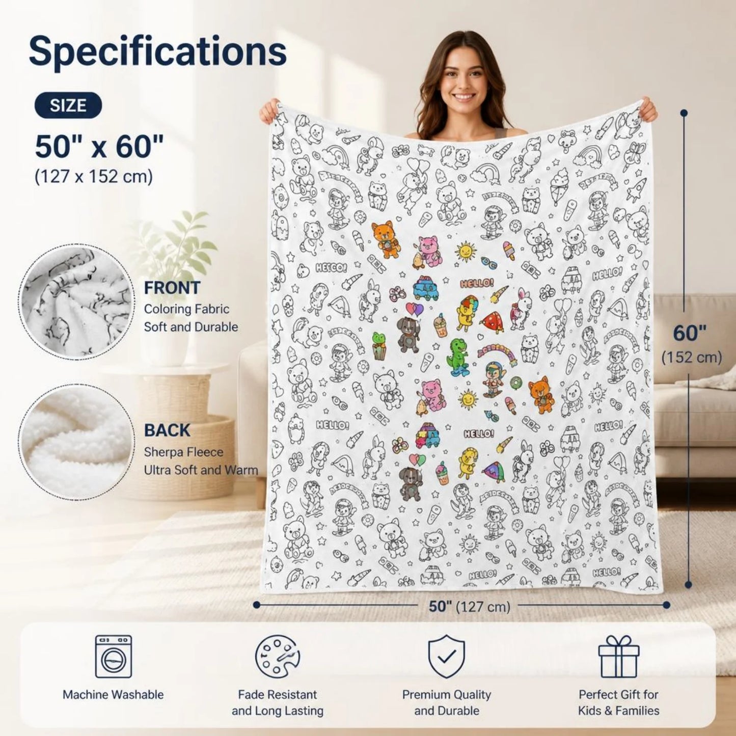 DIY Coloring Blanket Cute Animal Pattern Washable Fleece Throw Color Your Own Creative Stress Relief Gift for Adults Kids Teens