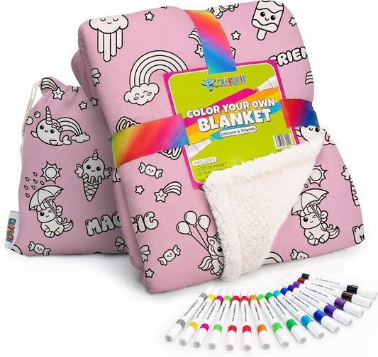 Unicorn Coloring Blanket for Kids & Adults - 15 Markers | 40" X 60", Fabric Markers Included, Permanent Vibrant Sherpa Fleece Design, Ages 3+, Machine Washable, Gift Wrapped