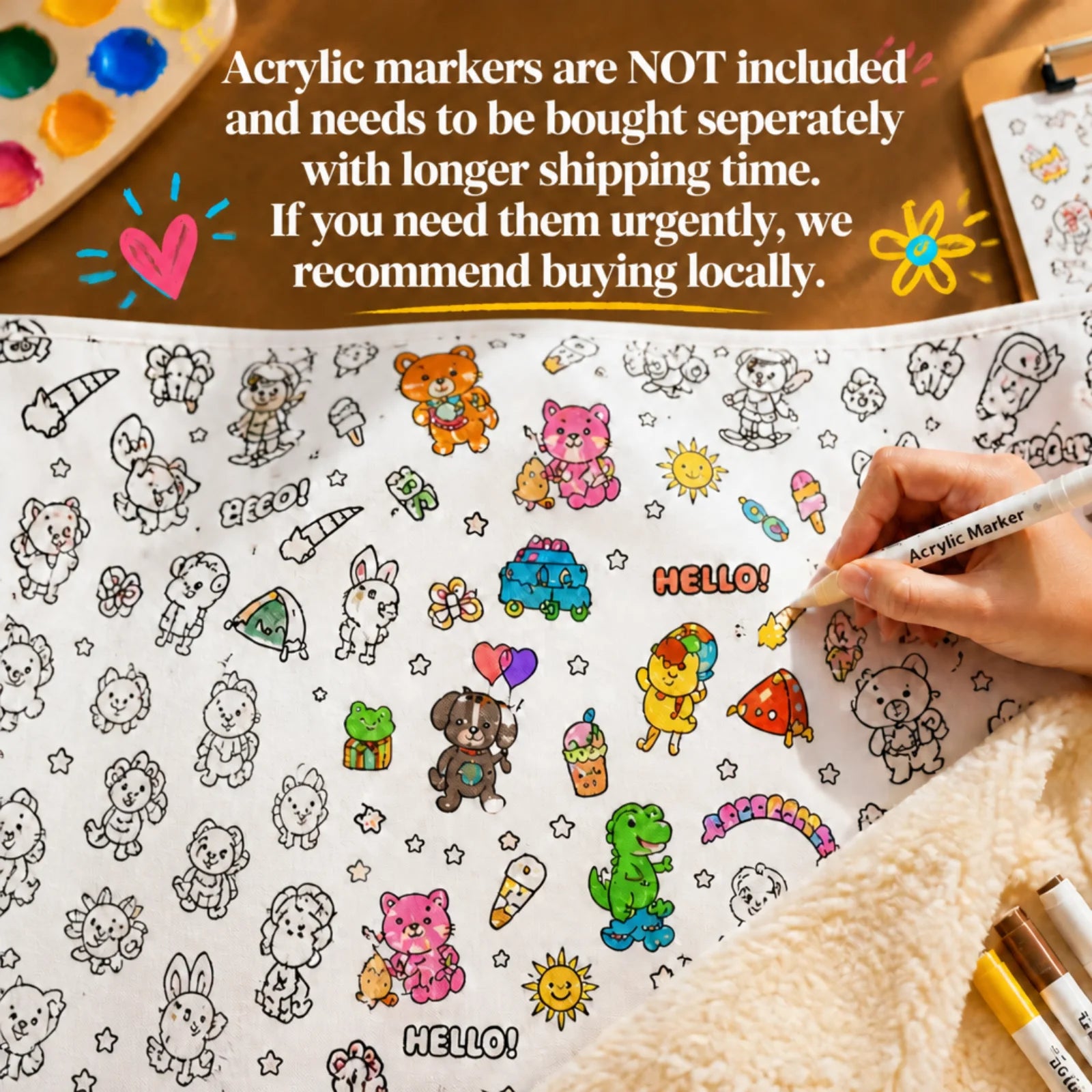 DIY Coloring Blanket Cute Animal Pattern Washable Fleece Throw Color Your Own Creative Stress Relief Gift for Adults Kids Teens